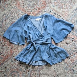LOFT Blue Short Sleeve Tie Blouse